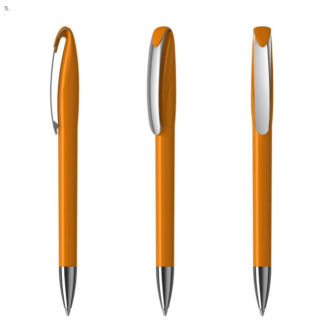 An orange plastic pen with a silver clip, displayed from three angles.