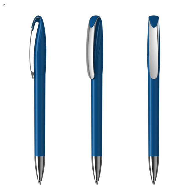 A blue plastic pen with a sleek design, featuring a silver clip and tip, displayed from multiple angles.