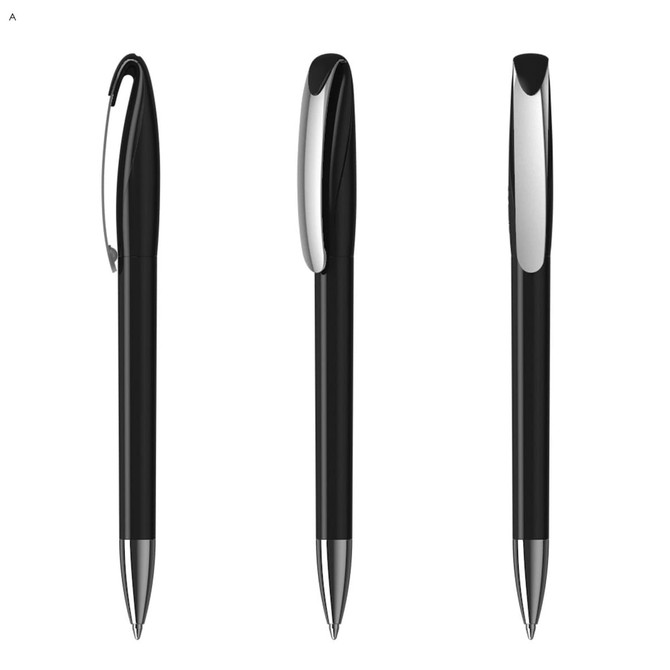 A set of black plastic pens with silver accents, featuring a clip and a smooth finish, arranged in three positions.