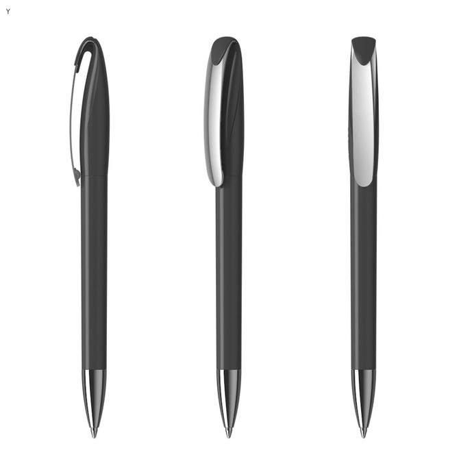 A set of three black plastic pens with shiny silver accents and clips, featuring a sleek design.