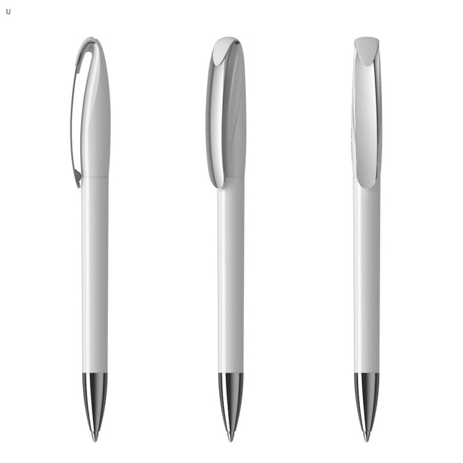 A set of three white plastic pens with silver accents and a logo on one side.