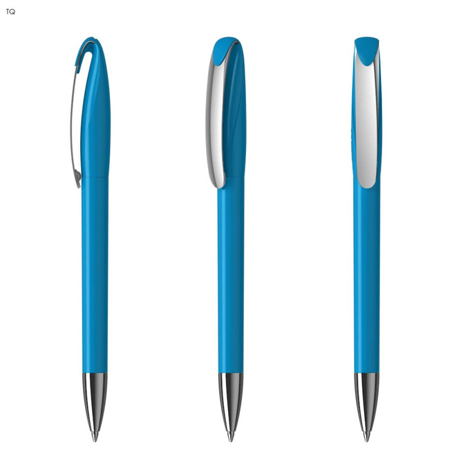 A blue plastic pen with a silver clip, showcased from three different angles.
