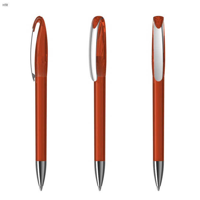 An orange plastic pen with a transparent body and silver accents, featuring a clip and a rounded tip.