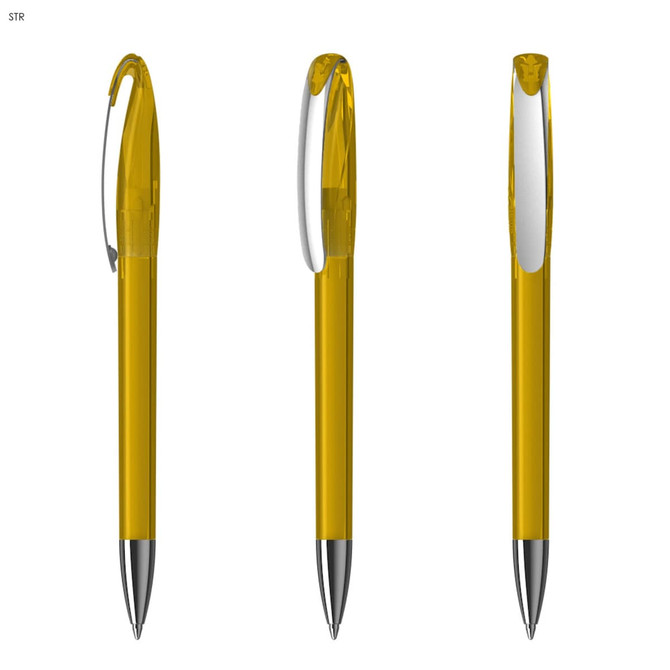 A set of three yellow transparent plastic pens with a silver tip and clip, featuring a simple design.