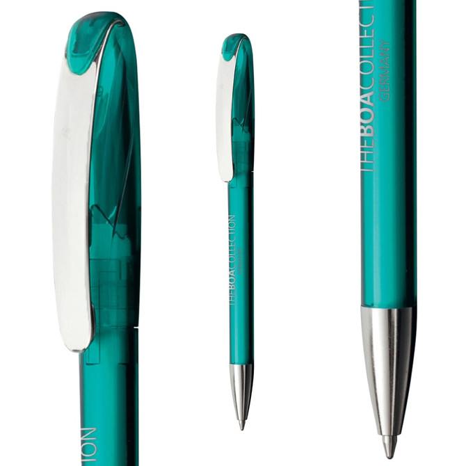 A transparent teal plastic pen with a silver clip and detailing, featuring a logo on its side.