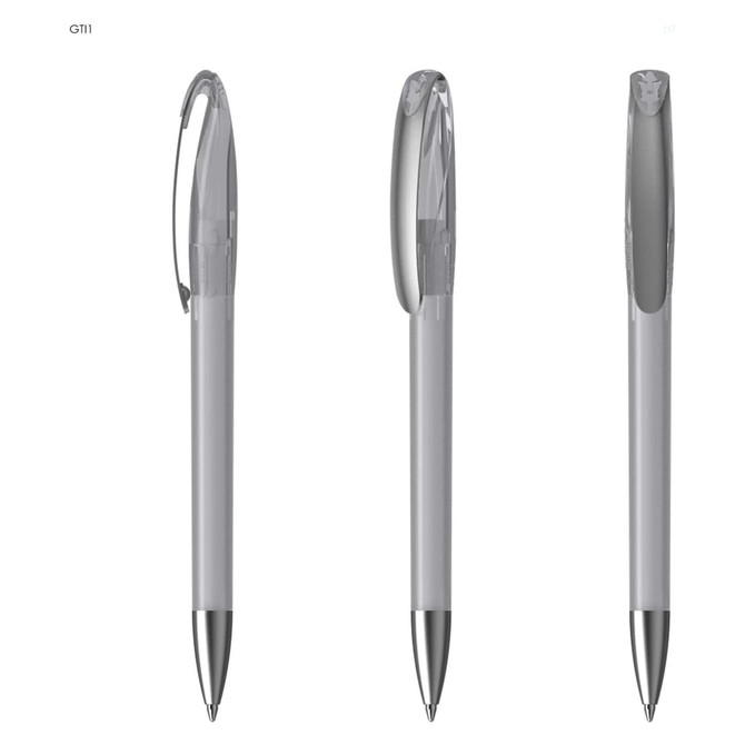 A plastic pen in grey with a silver clip and detailing, featuring a smooth, sleek design.