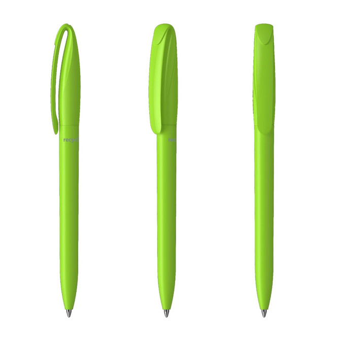 Three vibrant green plastic pens with a sleek design and a clip at the top. Each pen features a smooth finish.