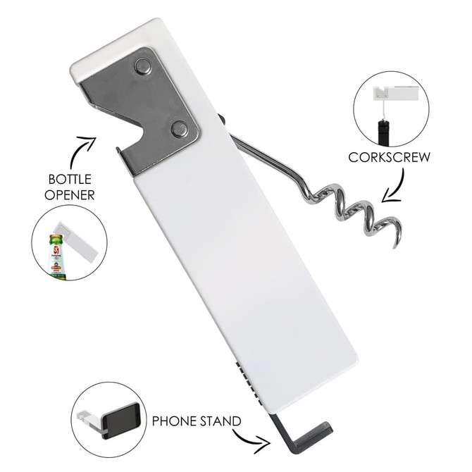 A drink bottle opener in white, featuring a corkscrew and a phone stand, with a branding logo displayed.