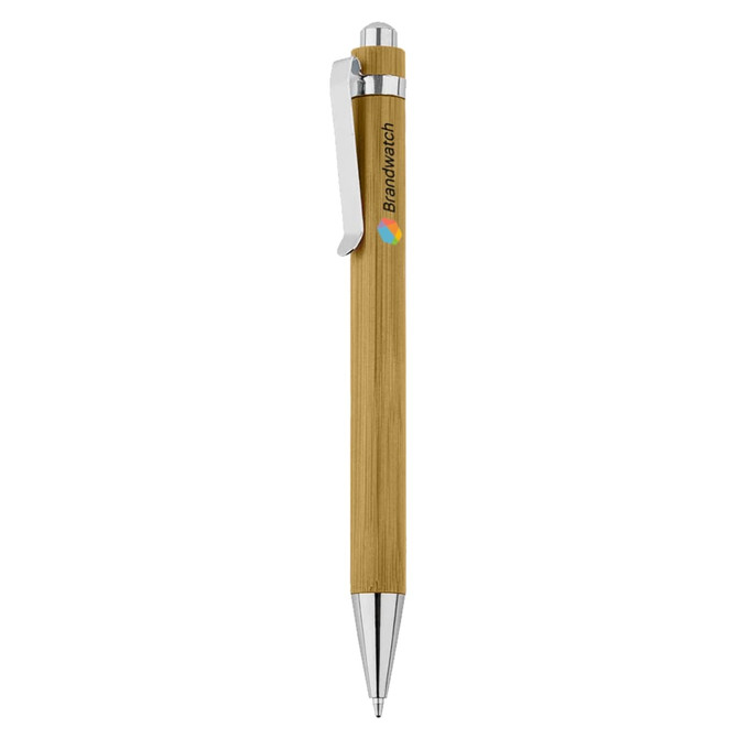 A bamboo pen with a metal clip and silver accents, featuring a logo on the barrel.