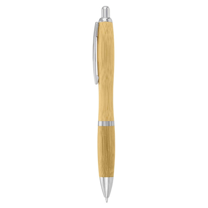 A bamboo pen with a sleek silver tip and accents, showcasing a natural wooden finish. It features a branding logo.