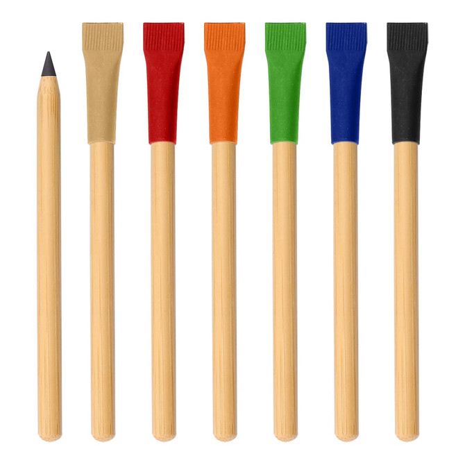 A set of bamboo pencils featuring coloured tips in red, orange, green, blue, and black, along with a natural pencil.