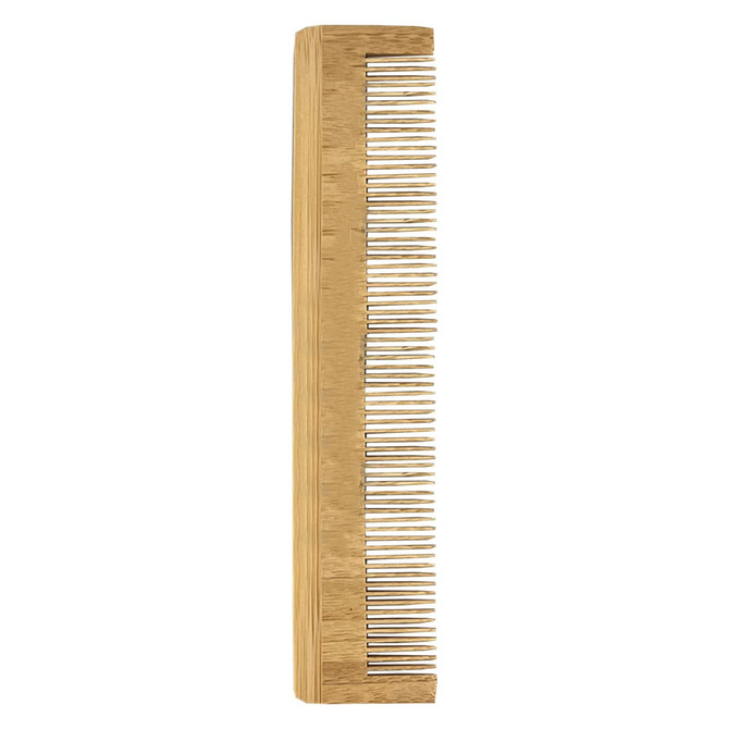 A bamboo comb featuring a sleek, natural finish with fine and wide teeth for versatile grooming.