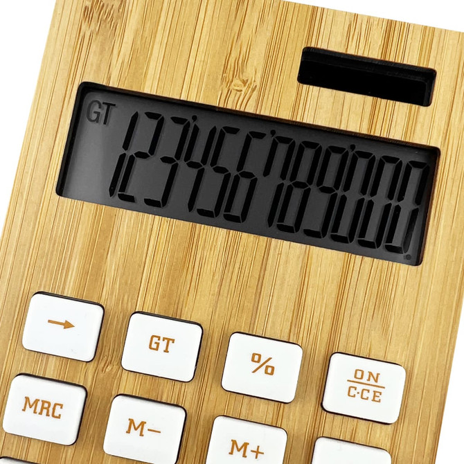 A bamboo calculator featuring a large digital display and white buttons. The design is eco-friendly with a natural finish.