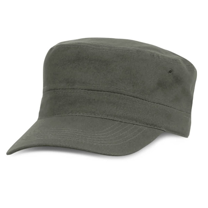 A military style cap in olive green with a wide brim and a subtle logo. Made from a durable fabric.