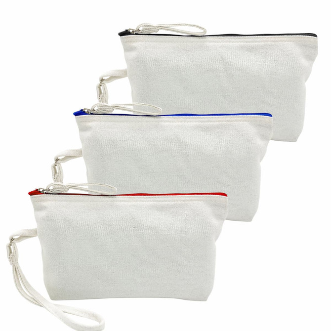 Three canvas cosmetic bags in white, each with a coloured zip (black, blue, and red) and a wrist strap.