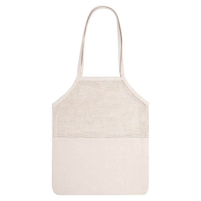 A cream-coloured tote bag with a mesh top section and solid bottom, featuring long handles and a logo.