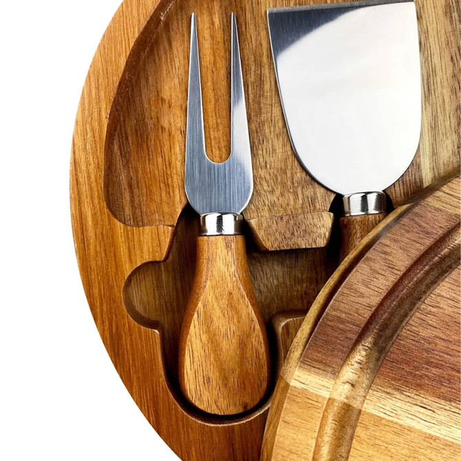 A wooden cheeseboard with a fork and a spade knife, featuring a rich brown colour and a smooth finish.