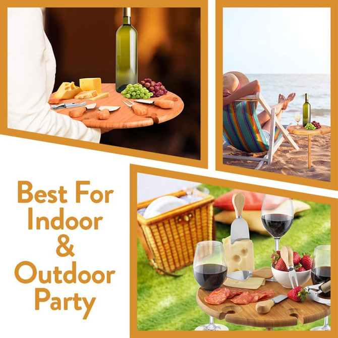 A wooden serving tray with cheese, grapes, and a drink bottle, accompanied by a picnic basket and outdoor chairs.