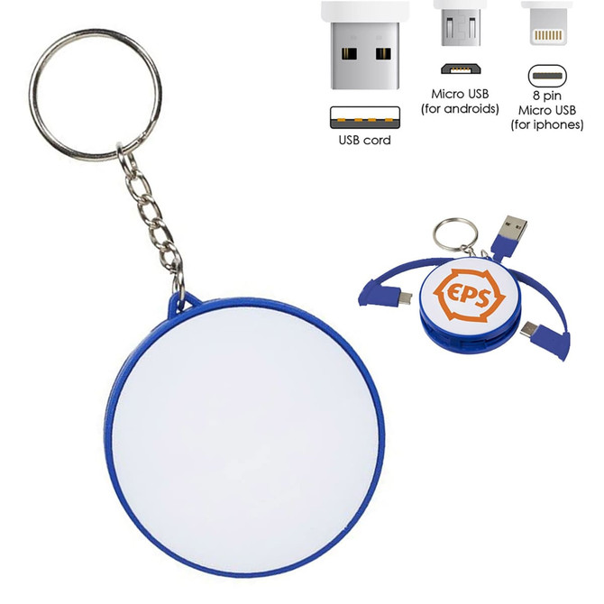 A blue charging cable key ring featuring a circular design with multiple connection types and a keychain attachment.