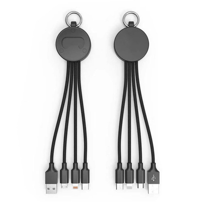 A drink bottle opener with attached black charging cables for various devices, featuring a circular design and a logo.