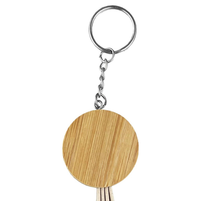 A round bamboo charging cable key ring with a silver metal chain and key ring attachment.