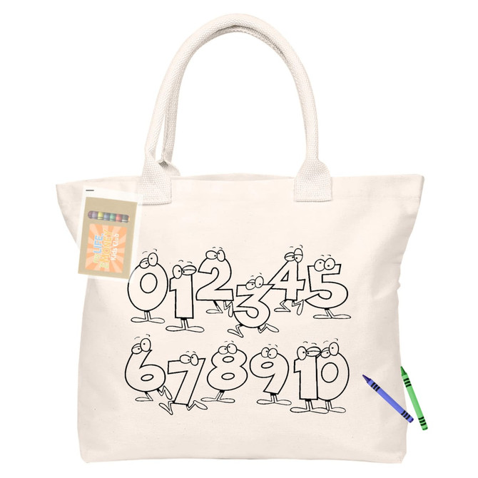 A cream reusable grocery bag with cartoon numbers and an attached tag, featuring a logo, crayons, and a colouring booklet.