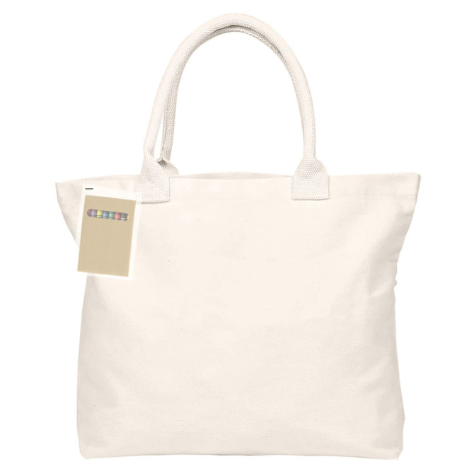 A cream reusable grocery bag with sturdy handles and a tag attached. The design is simple and unbranded.