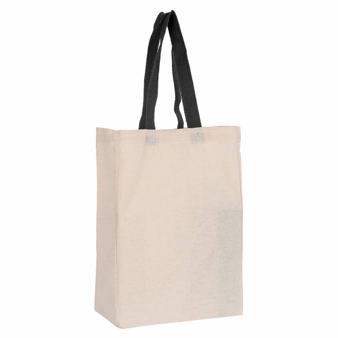 A calico bag with black handles, featuring a simple design and a lightweight structure. It has a logo on one side.