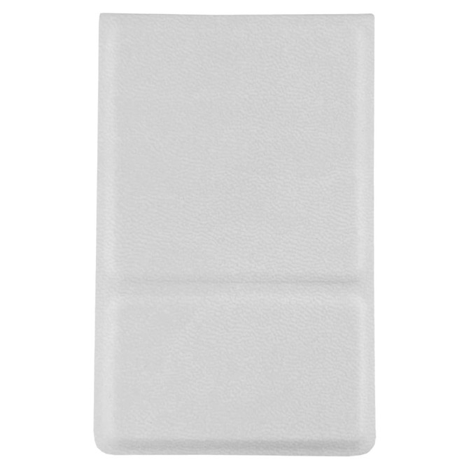A compact mirror in white, featuring a textured finish, with a logo on the surface.