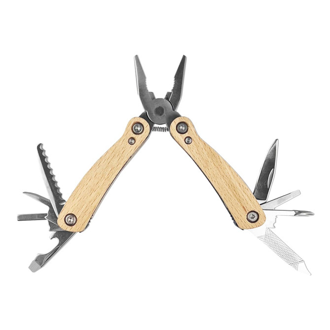 A compact multi-tool with silver metal components and wooden handles, featuring pliers and several additional tools.