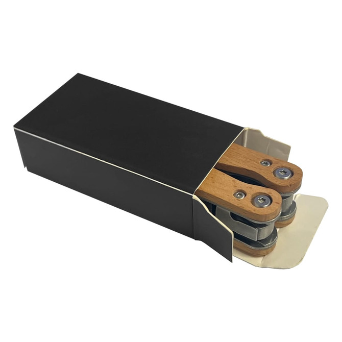A compact knife with wooden handles, presented in a black box, featuring a logo on the packaging.