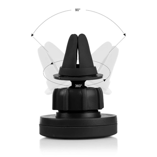 A black car mobile holder with adjustable angles, featuring a round base and two gripping arms.