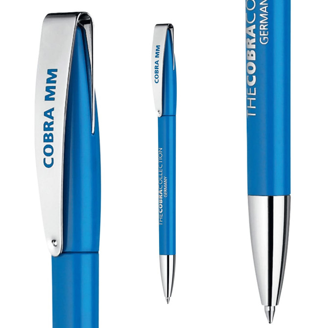 A metal pen in blue with a shiny chrome clip and branding on the barrel.