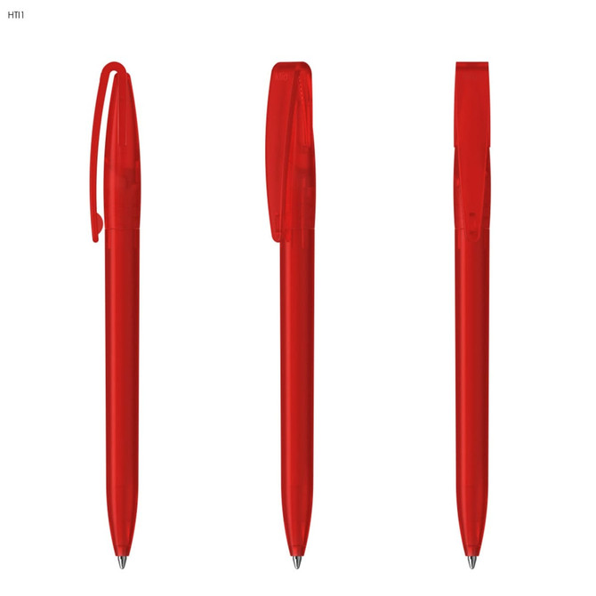 A set of three red plastic pens with caps, featuring a simple design and a branding logo.