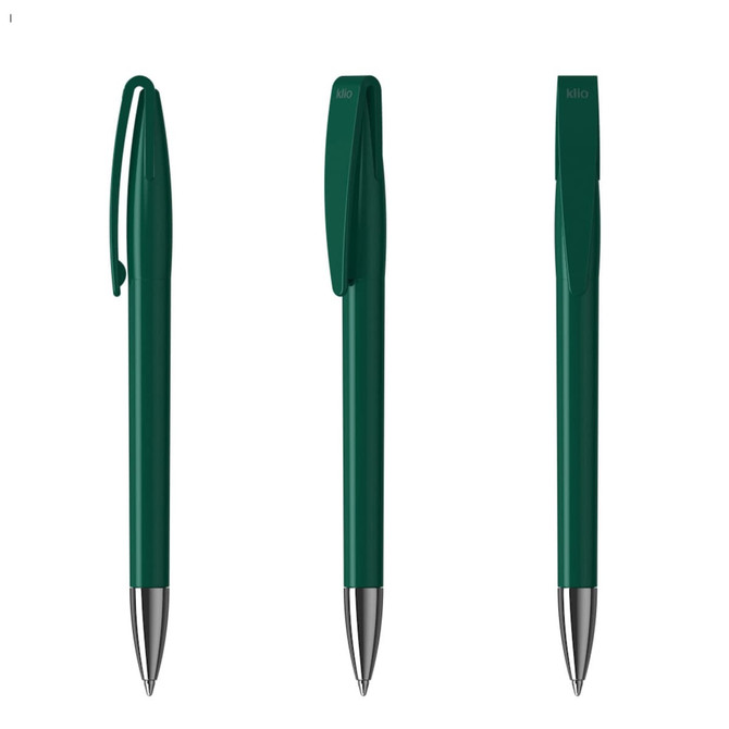 A set of three green metal pens with silver tips, featuring a clip design and a branding logo.