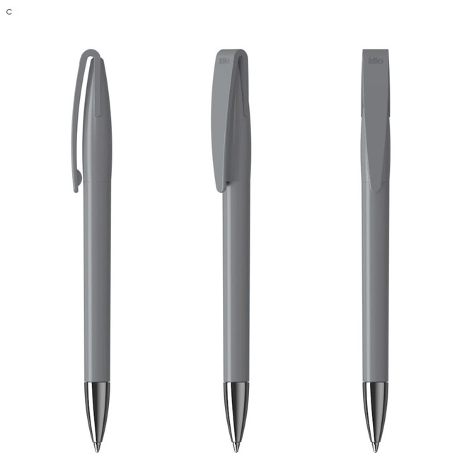 A set of three metal pens in grey with silver accents and clips, featuring a sleek design and brand logo.