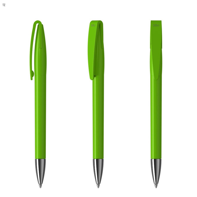 A set of three bright green metal pens with a silver tip and a built-in clip. Each pen has a distinctive design.
