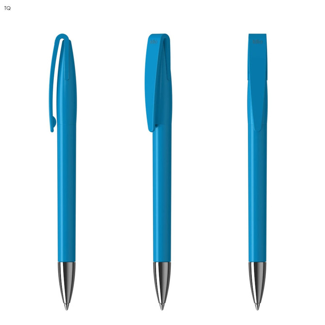 A set of three blue metal pens with silver tips and clips, featuring a simple, sleek design.