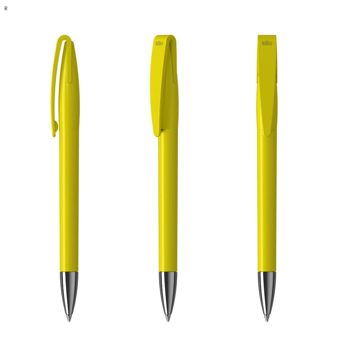 A metal pen with a bright yellow body and a silver tip, featuring a clip and a branding logo.