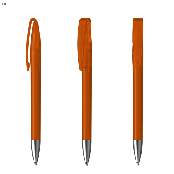 Three orange plastic pens displayed from different angles, featuring a silver tip and a clip, with a logo present.