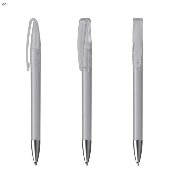 A set of three plastic pens in clear and silver, featuring a clip and a sleek design. Each pen has a logo.