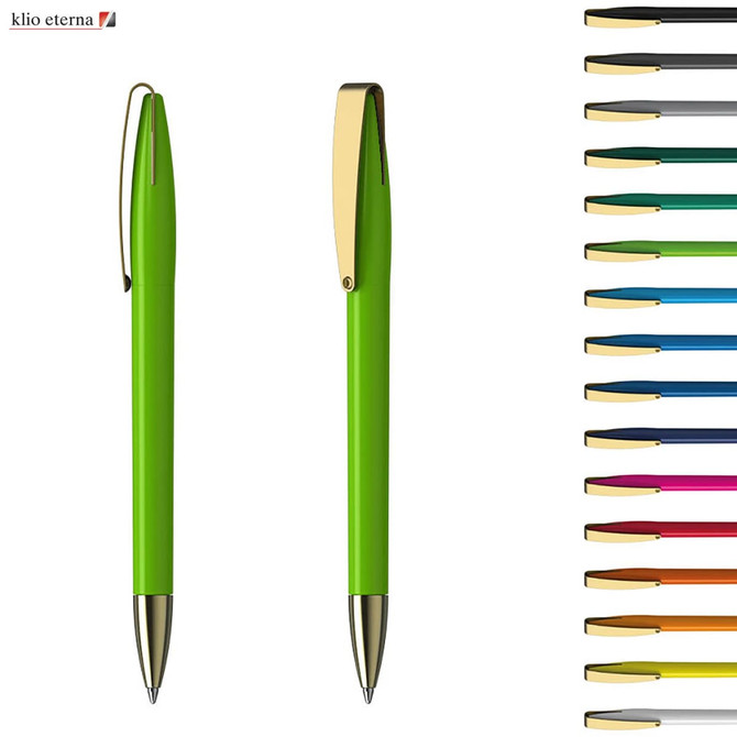 A green metal pen with a gold clip, displayed alongside various colour options. The product features a branded logo.