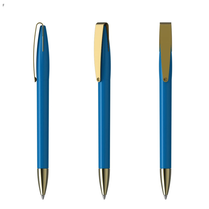 A set of three blue metal pens with gold accents, featuring a clip and a sleek design.