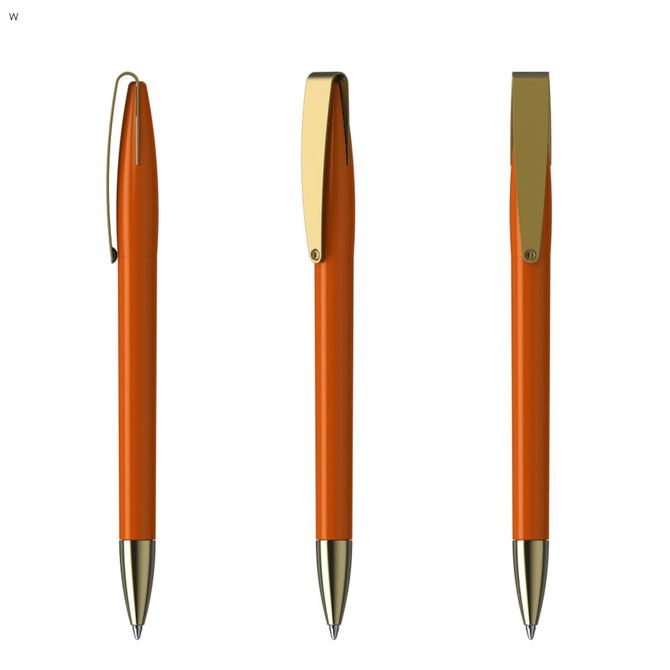 An orange metal pen with a gold clip and tip, displayed from three different angles.
