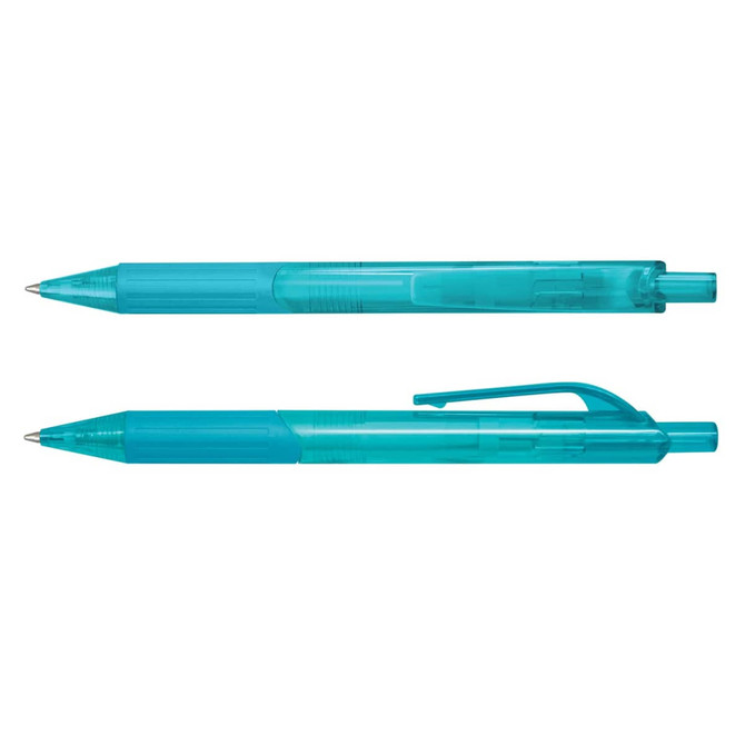 A plastic pen in a vibrant turquoise color with a translucent barrel, featuring a clip and a retractable tip.