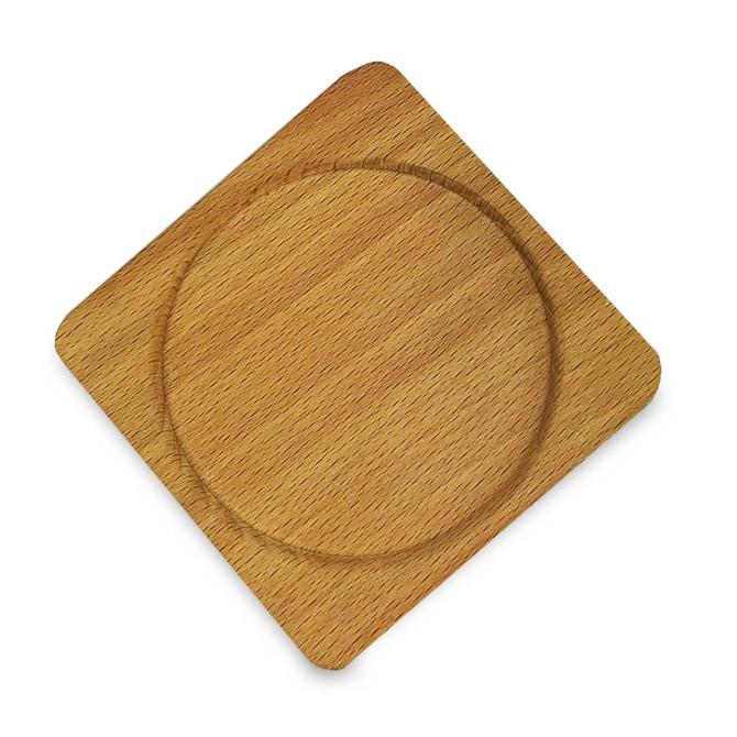 A wooden coaster with a circular indentation, featuring a light natural wood finish and square shape.