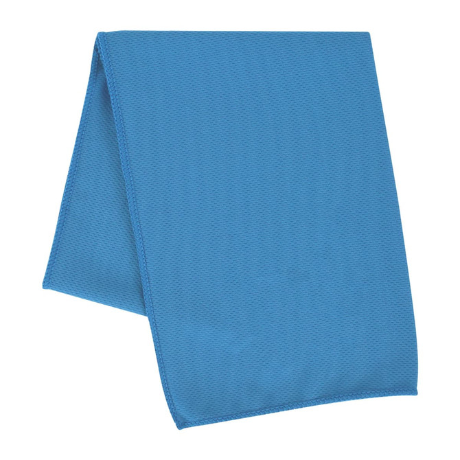 A blue cooling towel folded neatly. The fabric has a textured pattern and features a logo.