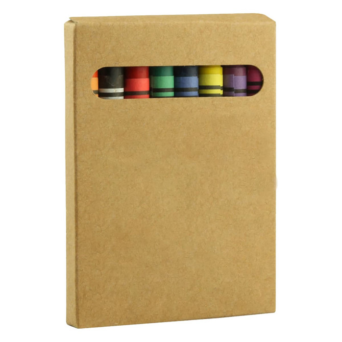 A crayon set in a kraft box displaying eight vibrant colours through a cut-out window. Contains a logo.