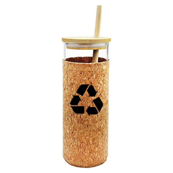 A drink bottle made of glass with a cork exterior and a bamboo lid, featuring a recycling symbol.