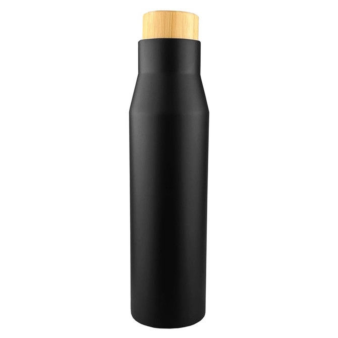 A drink bottle in matte black with a bamboo lid. It features a simple and sleek design.